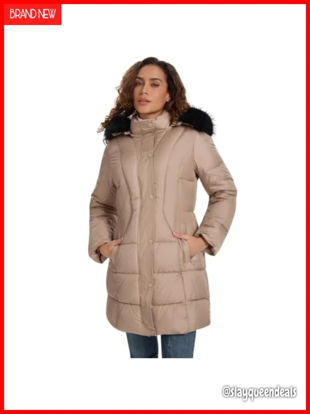 Long Winter Puffer Down Coat with Detachable Faux Fur Hood - Thickened Warm